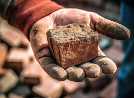 Close up of industrial bricklayer installing bricks on construction siteの素材