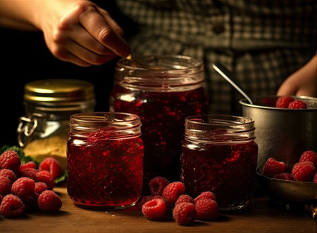 Concept of cooking raspberry jam on white wooden table