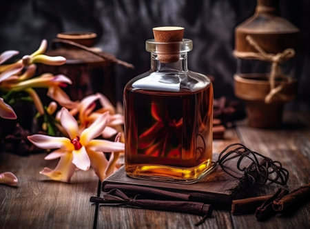 Aromatic homemade vanilla extract on wooden table, closeup. Space for textの素材