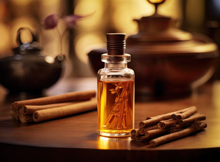Aromatic homemade vanilla extract on wooden table, closeup. Space for textの写真素材