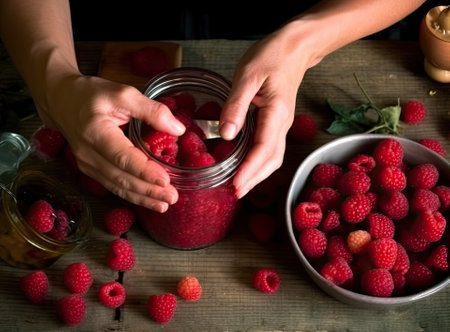 Concept of cooking raspberry jam on white wooden tableの写真素材
