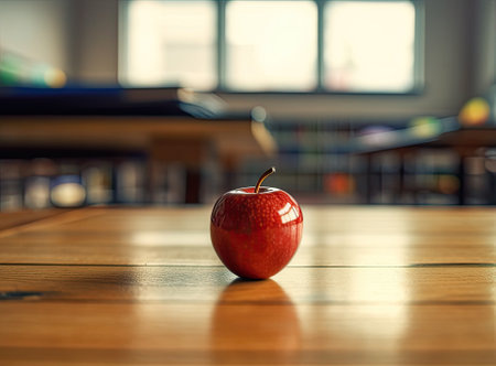 A school teacher's desk with stack of exercise books and apple . A blank blackboard in soft focus background provides copy spaceの写真素材