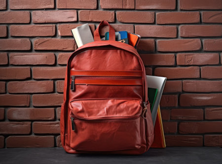Backpack with school supplies on wooden table, on wall background.の写真素材