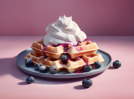 Waffles with cream cheese and fresh blueberries, healthy food, breakfast. Waffles with berriesの写真素材