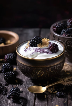 Closeup from above view of glass with walnut granola mixed with blueberries and yogurt placed on wooden chopping board near jarの写真素材