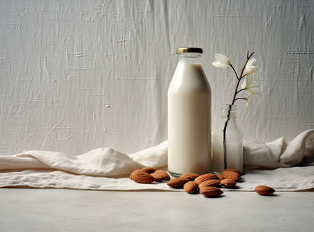 Organic almond milk in glass bottle near ceramic bowl with raw almonds on stone table in the kitchen ready for cookingの写真素材