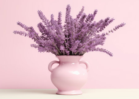 romantic background. Fresh natural lavender in a pink cup against a white wall background. Side view, space for textの写真素材