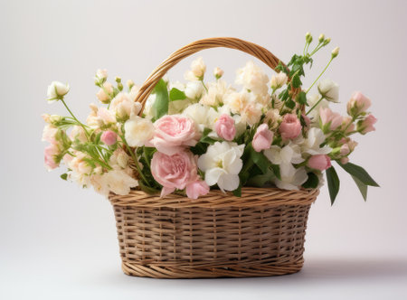 Beautiful straw bag with seasonal flowers of hyacinth and carnation blossom. Created with Generative Al technologyの素材