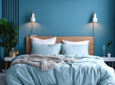 A comfortable bed with blue linen at home, a bedroom in a blue tone, comfort. Created with Generative Al technologyの素材