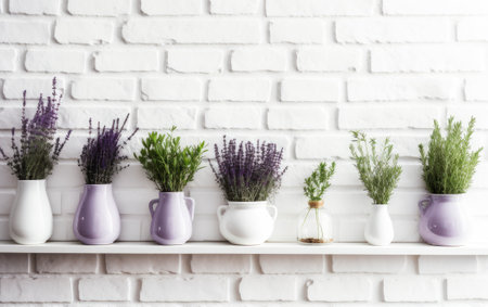 Kitchen utensils and dishware on wooden shelf. Kitchen interior background.Text space. Created with Generative Al technologyの素材