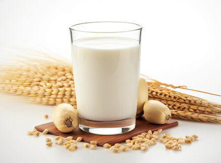 Milk or drink water or barley water in glass bottle with raw and cooked pearl barley wheat seeds selective focus. Created with Generative Al technologyの素材