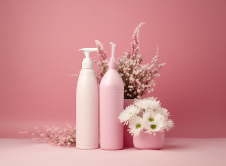 Soft light bathroom decor in pastel pink color, towel, soap dispenser, white flowers, accessories on pastel pink shelf. Created with Generative Al technologyの素材