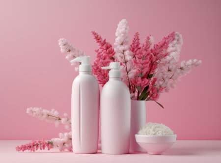 Soft light bathroom decor in pastel pink color, towel, soap dispenser, white flowers, accessories on pastel pink shelf. Created with Generative Al technologyの素材