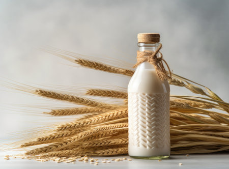 Milk or drink water or barley water in glass bottle with raw and cooked pearl barley wheat seeds selective focus. Created with Generative Al technologyの素材