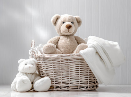 A basket of white laundry, a teddy bunny toy, a bottle of liquid detergent, washing gel or fabric softener. Mockup for washing baby clothes with copy space. Created with Generative Al technology.の素材