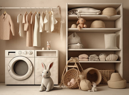 Washing of different towels in modern laundry room. Created with Generative Al technologyの素材