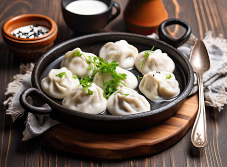 Delicious cooked dumplings with sour cream on dark wooden table, flat lay. Created with Generative Al technologyの素材