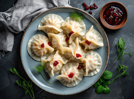 dumplings with cherries, Pierogi, varenyky, vareniki, pyrohy on a light background, banner, menu, recipe place for text, top view, Created with Generative Al technology.の素材