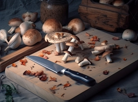 Woman cutting mushrooms on wooden board. Created with Generative Al technologyの素材