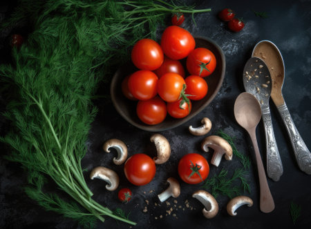 White mushrooms in wooden spoon with parsley, dill, tomatoes cherry and fresh sliced champignon on table for cooking homemade delicious dishes. Created, Generative, Al, technologyの素材