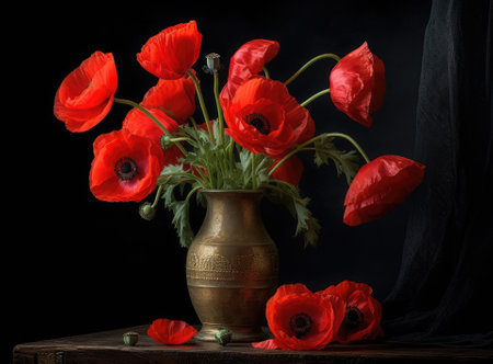 Remembrance Day greeting card. Beautiful red poppies flowers on black background. Lest we forget. Created with Generative Al technologyの素材