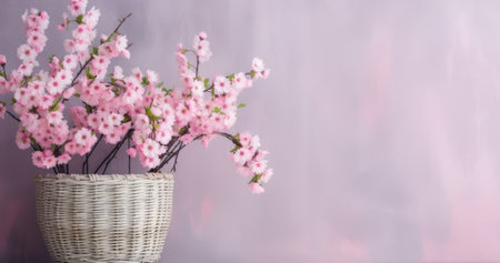 flowering pink cherry branch in vase on white background. Created with Generative Al technology.の素材