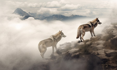 Wild wolfs in nature wilderness. Created with Generative Al technologyの素材