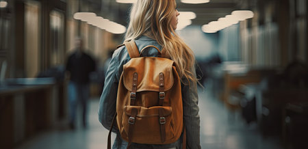 Back to school, Back of college student with backpack while going to university by walking from street, teenager in campus, education background, banner concept. Generative AI, generative, AI.の素材