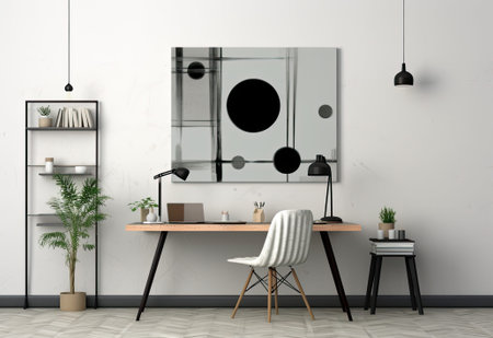 Modern loft living room with high ceiling, sofa, empty brown brick wall, concrete floor, wooden cabinet, design accessories in the steel stack, dining table with chairs. Mock up interior photoの写真素材