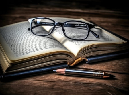 Glasses teacher books and a stand with pencils on the table, on the background of a blackboard with...