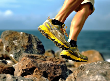 Woman athlete is jumping over stones in mountainsの写真素材