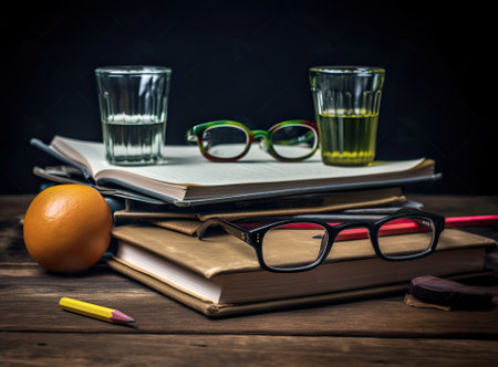 Glasses teacher books and a stand with pencils on the table, on the background of a blackboard with chalk. The concept of the teacher's day. copy spaceの写真素材