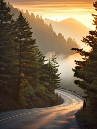 Dark misty day with empty winding mountain road