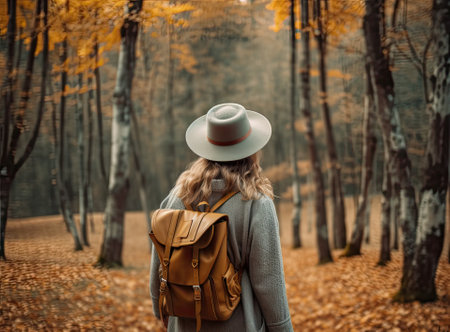 Travel young woman wearing brown hat, plaid shirt, jeans and brown boots with backpack looking on wonderful canyon with moss on rocks after hiking, traveling conceptの素材