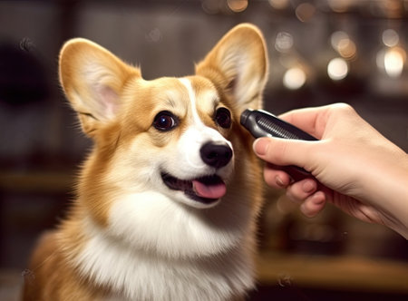 Owner brushing cute dog on light backgroundの素材