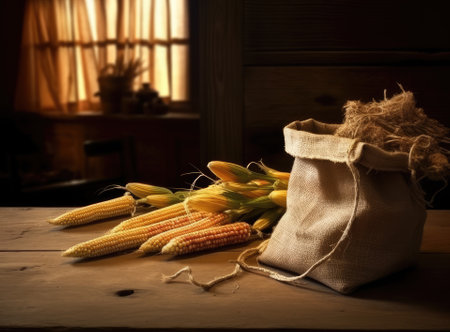 fresh corn cobs and dry seeds in bag on wooden table with green maize field on the background. Agriculture and harvest concept. Sunset or dawnの素材