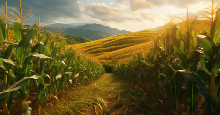 Corn cobs in corn plantation fieldの写真素材