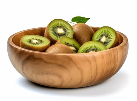 Kiwi slices in a bowl on white shabby wooden background. Selective focus, space for textの素材 [FY310206845564]