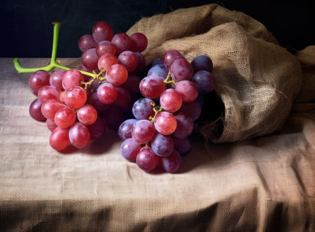 Bunches of fresh ripe red grapes on a wooden textural surface. Ancient style, a beautiful background...