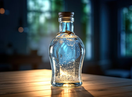 water from jug pouring into glass on wooden table outdoorsの写真素材