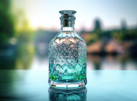water from jug pouring into glass on wooden table outdoorsの写真素材