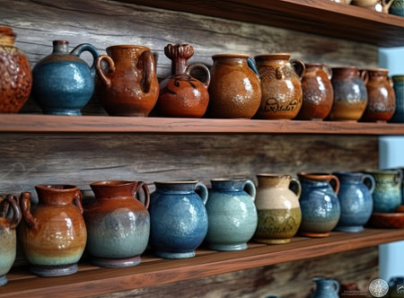 Pottery backgrounds, ceramics and shelf in studio, creative store or manufacturing startup. Clay...