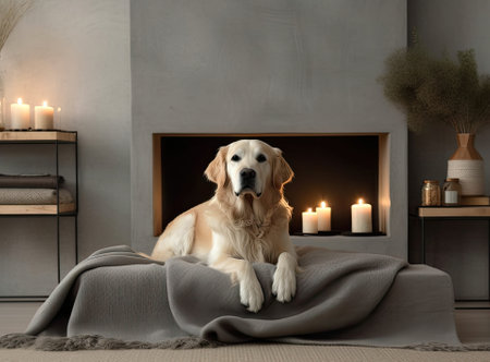 Adorable Golden Retriever dog on floor near electric fireplace indoorsの写真素材