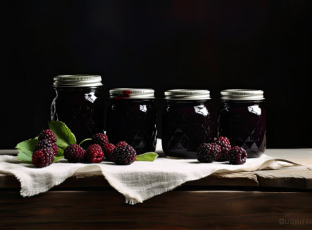 Fresh homemade blackberry jam in glass jar on a wooden background. Several fresh berries are near itの素材