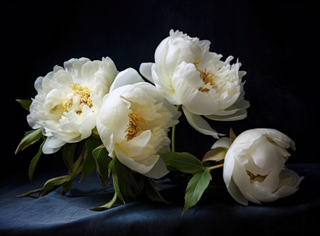 Fresh white peony flowers on dark table background. Condolence card. Empty place for emotional, sentimental text, quote or sayings. close upの素材