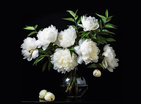 Fresh white peony flowers on dark table background. Condolence card. Empty place for emotional, sentimental text, quote or sayings. close upの素材