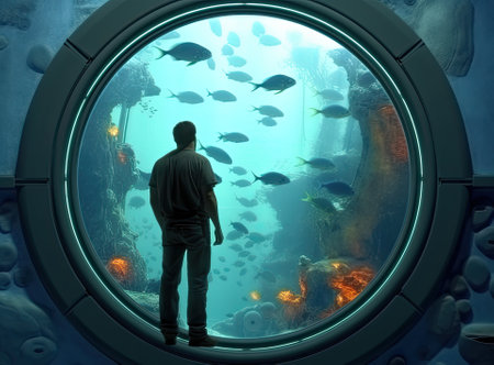 Man watching underwater world through round window in aquarium Created with Generative AI technologyの素材