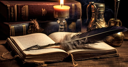 Old quill pen with inkwell and papers on wooden desk against vintage bookcase. retro style. banner copy space. Created with Generative AI technologyの素材