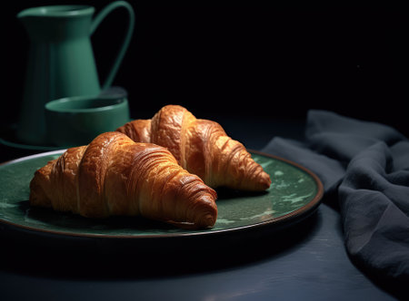 From above fresh baked croissant with jam on the concrete blue table Created with Generative AI technologyの素材