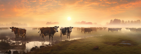 Panorama of grazing cows in a meadow with grass covered with dewdrops and morning fog, and in the background the sunrise in a small haze. Created with Generative AI technologyの素材